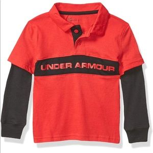 NWT Under Armour Boys' UA Stripe LS Polo Red Black 5 Long Sleeve